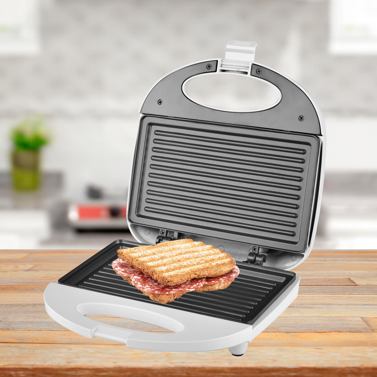 Sandwichera Grill con Revestimiento Antiadherente 750W Capacidad para 2 Sándwiches Tacto Frío