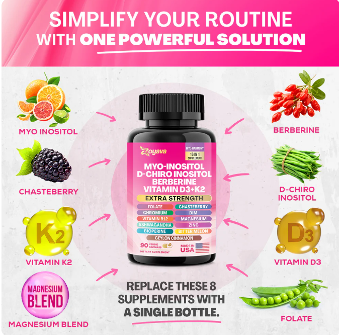 Suplemento para las hormonas-Myo-Inositol + D-Chiro Inositol + Berberina + Vitamina D3 + K2 – 90 Cápsulas - Imagem 2