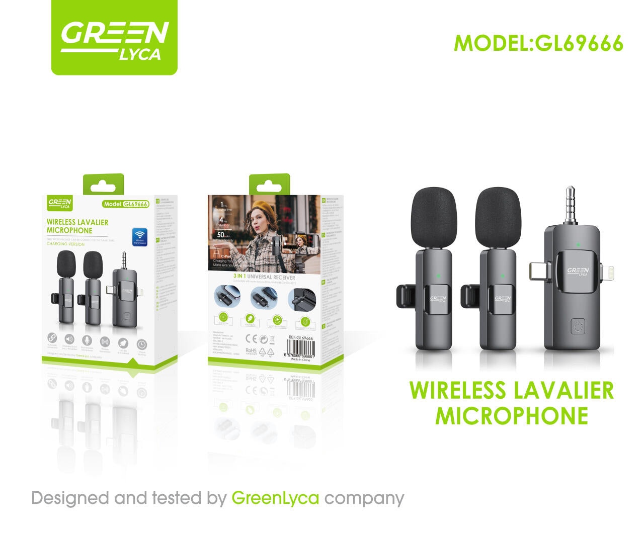 Micrófono universal de solapa inalámbrico 3 en 1, con conector 3.5 mm, tipo C y Lightning Grenn Lyca GL69666 - Imagem 4