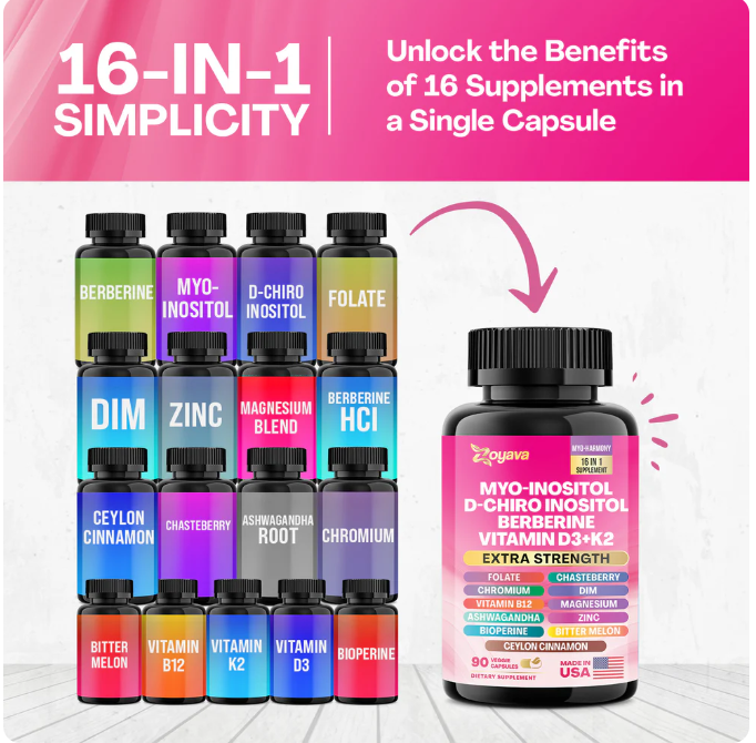 Suplemento para las hormonas-Myo-Inositol + D-Chiro Inositol + Berberina + Vitamina D3 + K2 – 90 Cápsulas - Imagem 4